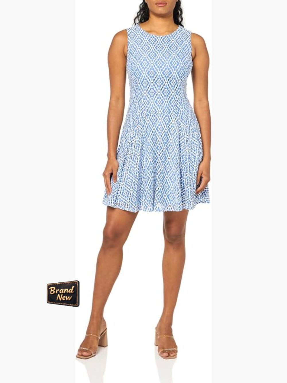 Sleeveless Fit and Flare Dress with Lace Trim, Petite, Nylon Blend, Party